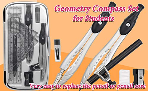 Akuoly Professional Geometry Compass Set, Starter Compass Set Includes 2 Drafting Compasses, Protractor, 2 Set Squares, Ruler in Storage Box, Back-to-School Math Supplies for Students, Black