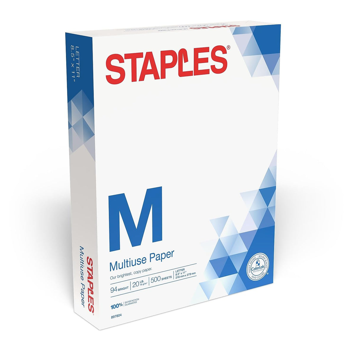 Staples Multiuse Copy Paper, 8.5x11 Inch, 20 lb., 94 Brightness, 5 Reams