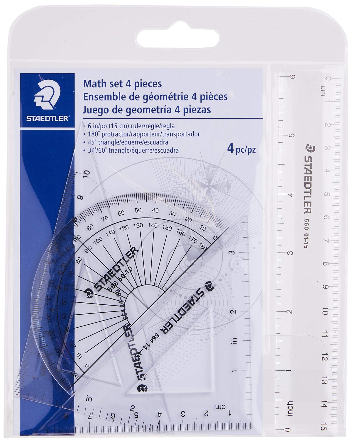 STAEDTLER Math Set - 4 pc Geometry Kit for Students - School Supplies with Clear Protractor, 6in Ruler & 2 Triangles – Metric & Imperial Scales