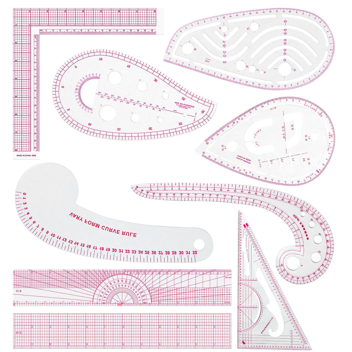 Fashion Clear Metric Sewing Ruler Set,French Curve Pattern Rulers for Beginners, Tailors, Designers, Quilting, Embroidery, Cross Stitch, Crochet, Knitting 9pcs (9-Piece Set)