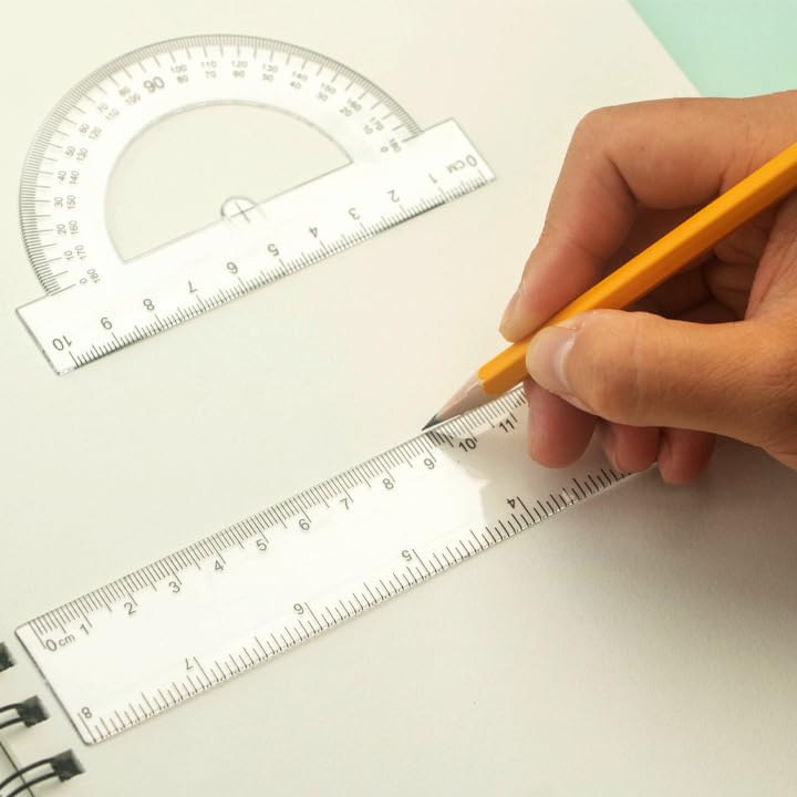 Student Geometry Ruler Set 20cm - 4 PCS Transparent Math Tools (Straight Ruler+2 Triangles+Protractor) - Durable Plastic School Supplies for Classroom