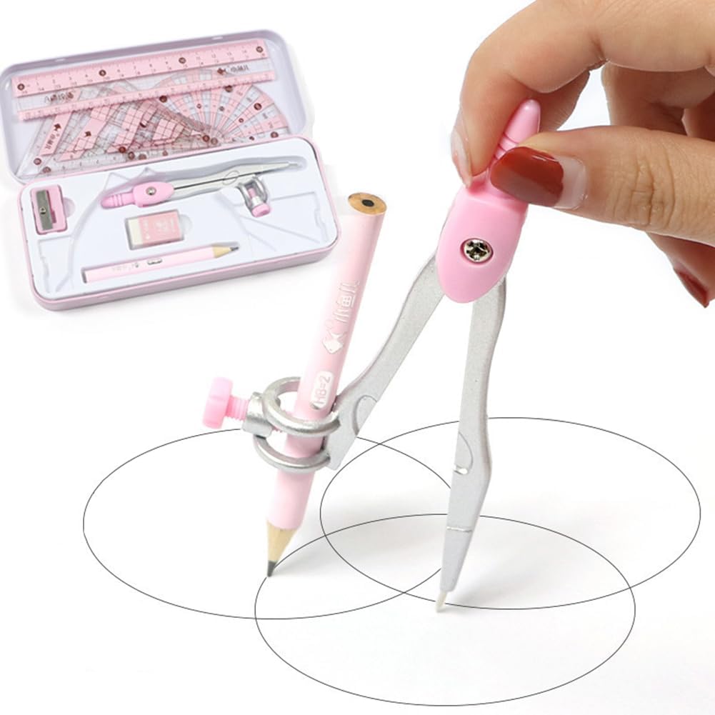 8 Pcs Compass/Math Set for Students with Shatterproof Storage Box, Geometry Set for School, Includes Ruler, Protractor, Compass, Pencil,Pencil Sharpener and Eraser,etc. Perfect Gift (Pink)
