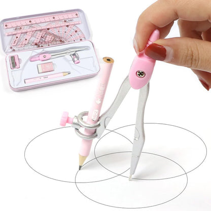 8 Pcs Compass/Math Set for Students with Shatterproof Storage Box, Geometry Set for School, Includes Ruler, Protractor, Compass, Pencil,Pencil Sharpener and Eraser,etc. Perfect Gift (Pink)