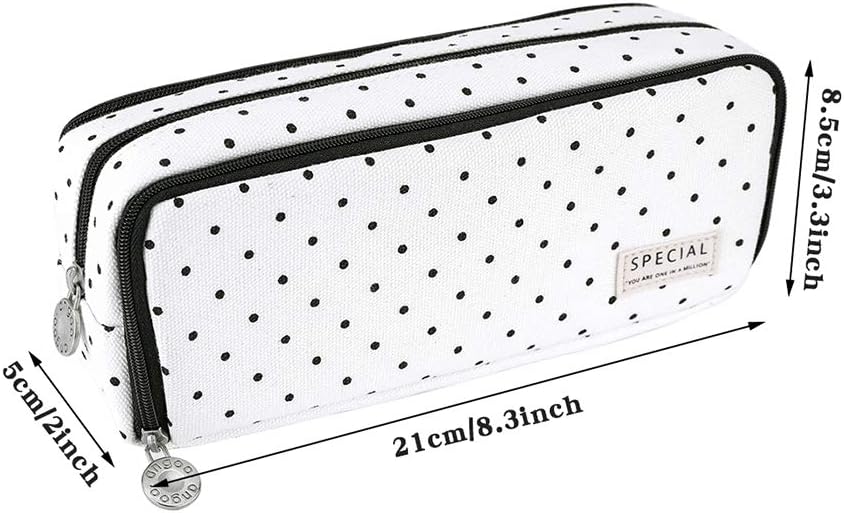 iSuperb Large Pencil Case Big Capacity Pencil Pouch 3 Compartments Pen Bag Canvas Marker Pen Bag for Teen Boys Girls School Students (Black Polka Dot)