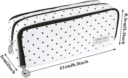 iSuperb Large Pencil Case Big Capacity Pencil Pouch 3 Compartments Pen Bag Canvas Marker Pen Bag for Teen Boys Girls School Students (Black Polka Dot)