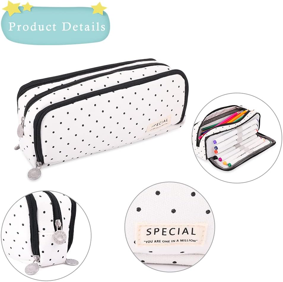 iSuperb Large Pencil Case Big Capacity Pencil Pouch 3 Compartments Pen Bag Canvas Marker Pen Bag for Teen Boys Girls School Students (Black Polka Dot)