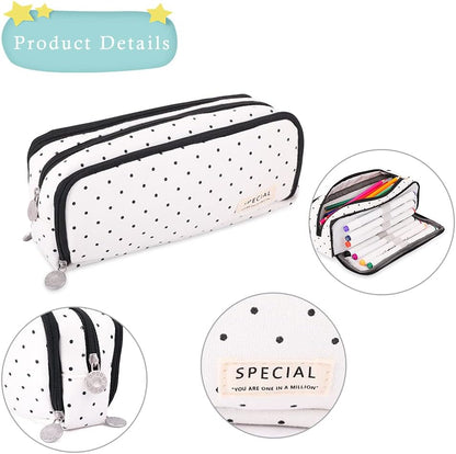 iSuperb Large Pencil Case Big Capacity Pencil Pouch 3 Compartments Pen Bag Canvas Marker Pen Bag for Teen Boys Girls School Students (Black Polka Dot)