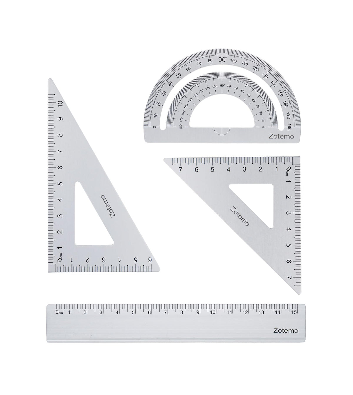 Geometry Ruler Set for Students, Metric Measurement 4-Piece Metal Math Drafting Kit with Non-Slip Design 15 cm Straightedge Ruler, 180° Protractor & 2 Triangles for School Kids (Silver)