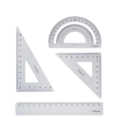 Geometry Ruler Set for Students, Metric Measurement 4-Piece Metal Math Drafting Kit with Non-Slip Design 15 cm Straightedge Ruler, 180° Protractor & 2 Triangles for School Kids (Silver)