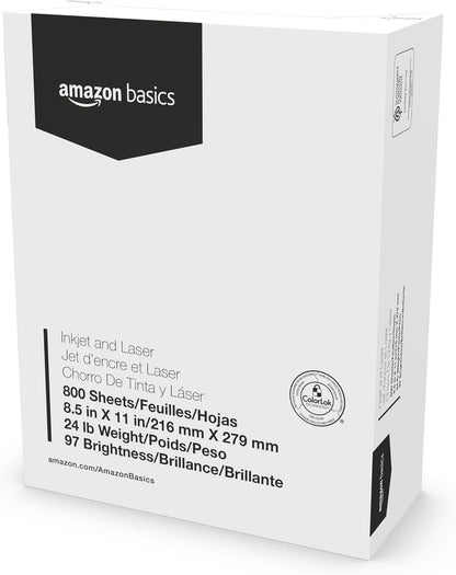 Amazon Basics Multipurpose Copy Printer Paper, 8.5 x 11 Inches, 24 lb Weight, 97 Brightness, White, 800 Sheets (1 Mega Ream), for Inkjet and Laser, Copy & Print
