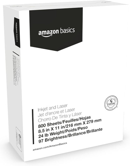 Amazon Basics Multipurpose Copy Printer Paper, 8.5 x 11 Inches, 24 lb Weight, 97 Brightness, White, 800 Sheets (1 Mega Ream), for Inkjet and Laser, Copy & Print