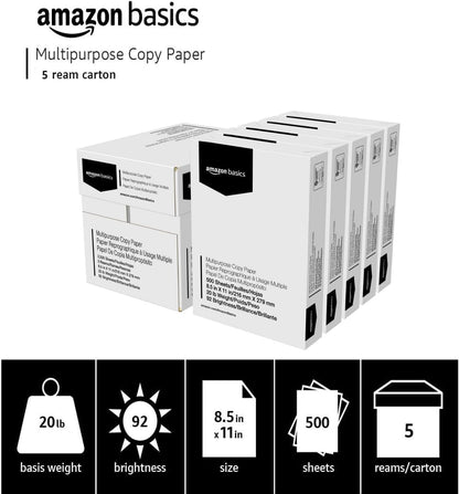Amazon Basics Multipurpose Copy Printer Paper, 20 lb, 8.5 x 11 Inches, 5 Reams (2,500 Sheets), 92 Bright White