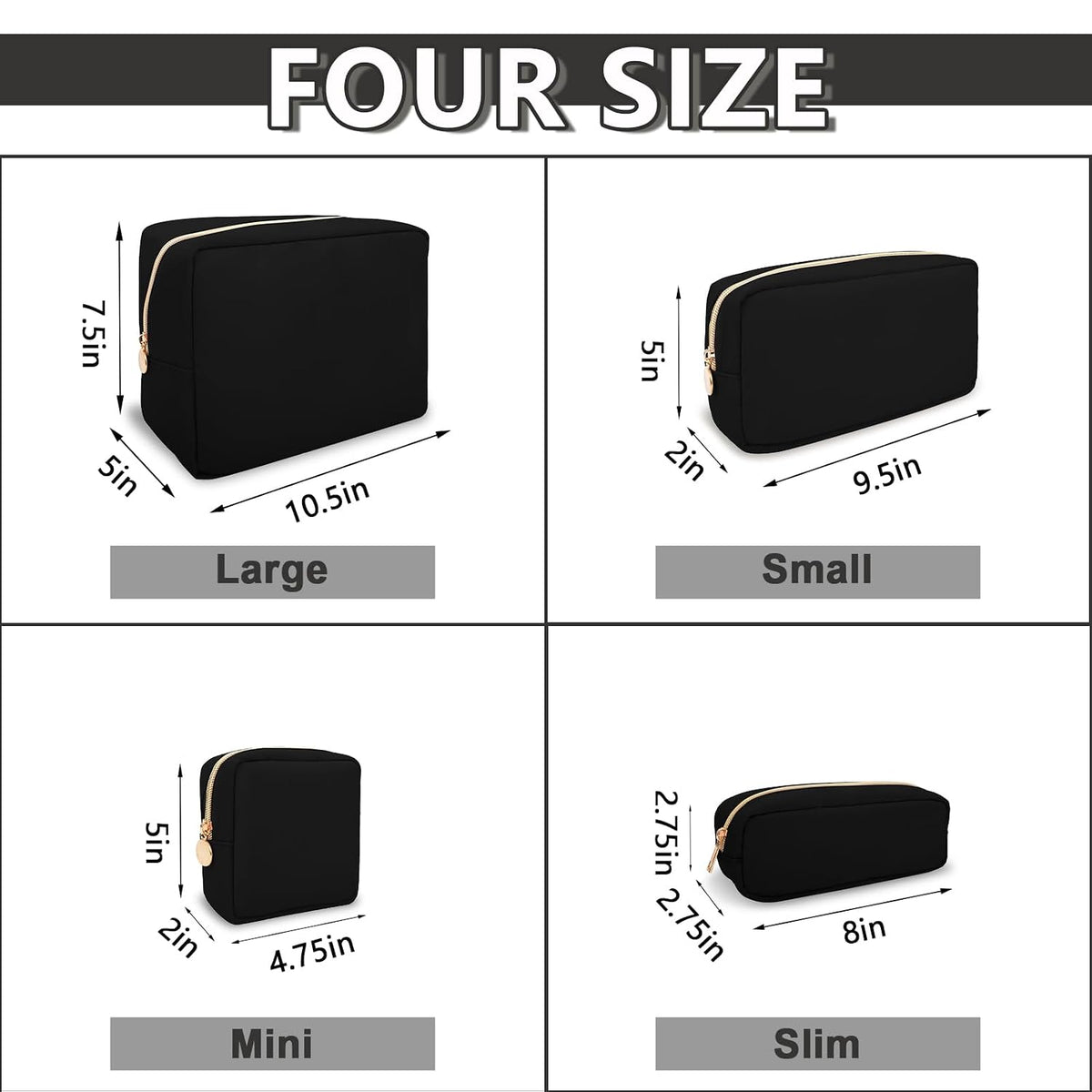 UIXIZQ Waterproof Small Pencil Case Makeup Bag for Purse,Cute Pencil Pouch Preppy Nylon Makeup Brush Holder with Zipper,Girls Portable Storage Case Small Pen Bag for Office(Slim-Black)