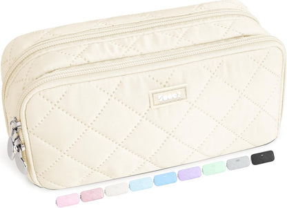 Sooez Large Pencil Case Pouch, Extra Big Pencil Bag with 8 Compartments, Pen Bag Wide Opening, Soft Quilted Pencil Pouch Organizer with Zipper, Portable Pencil Case for Teen Girls, Beige