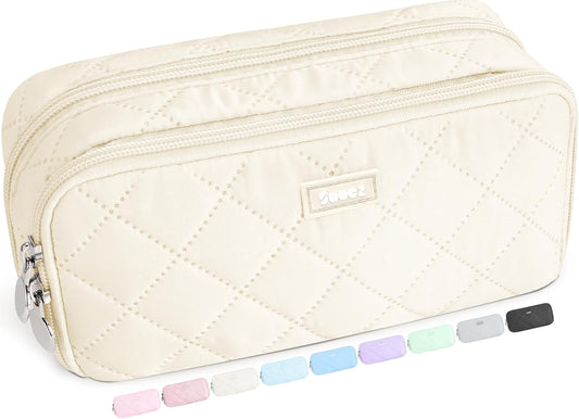 Sooez Large Pencil Case Pouch, Extra Big Pencil Bag with 8 Compartments, Pen Bag Wide Opening, Soft Quilted Pencil Pouch Organizer with Zipper, Portable Pencil Case for Teen Girls, Beige