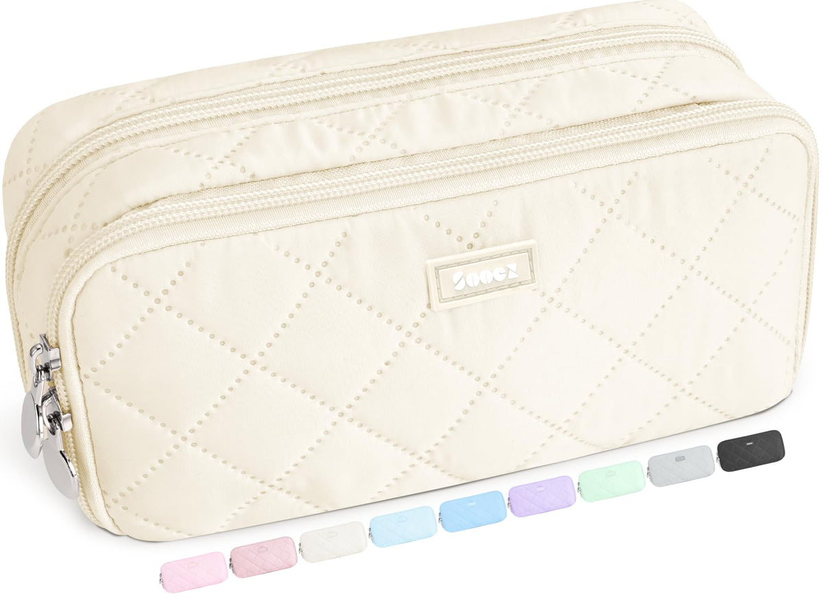 Sooez Large Pencil Case Pouch, Extra Big Pencil Bag with 8 Compartments, Pen Bag Wide Opening, Soft Quilted Pencil Pouch Organizer with Zipper, Portable Pencil Case for Teen Girls, Beige