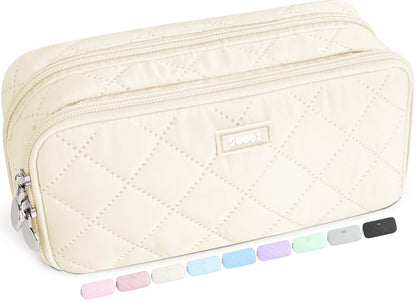 Sooez Large Pencil Case Pouch, Extra Big Pencil Bag with 8 Compartments, Pen Bag Wide Opening, Soft Quilted Pencil Pouch Organizer with Zipper, Portable Pencil Case for Teen Girls, Beige