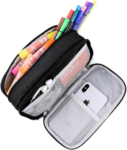 Large Capacity Pencil Case Big Storage Pencil Bag Pouch 3 Multifunctional Compartment Pen Marker Cases Holder Portable Office Stationery Organizer Supplies Makeup Bag, Black