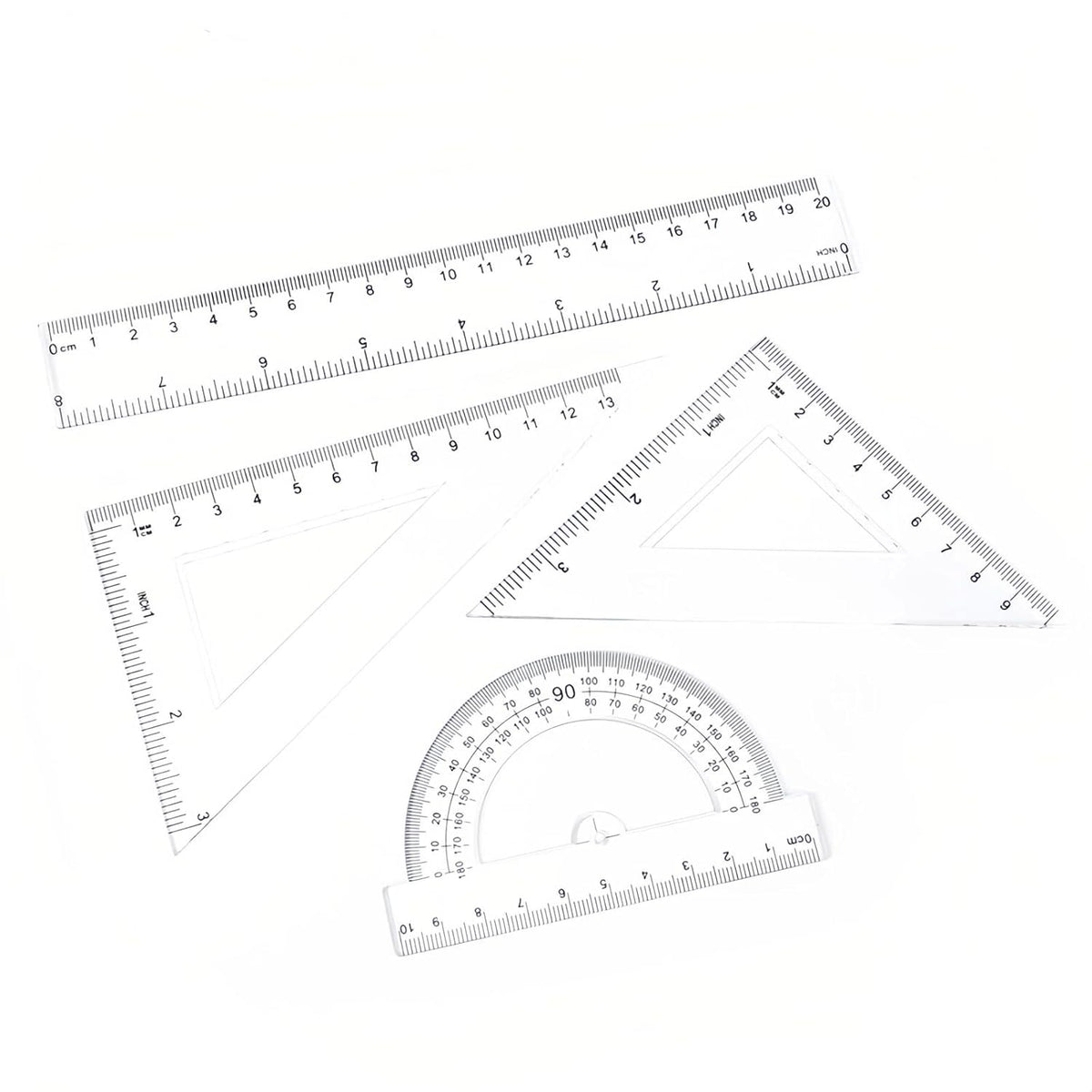 Student Geometry Ruler Set 20cm - 4 PCS Transparent Math Tools (Straight Ruler+2 Triangles+Protractor) - Durable Plastic School Supplies for Classroom