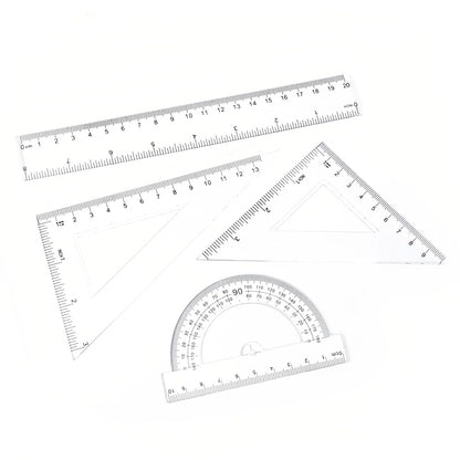 Student Geometry Ruler Set 20cm - 4 PCS Transparent Math Tools (Straight Ruler+2 Triangles+Protractor) - Durable Plastic School Supplies for Classroom