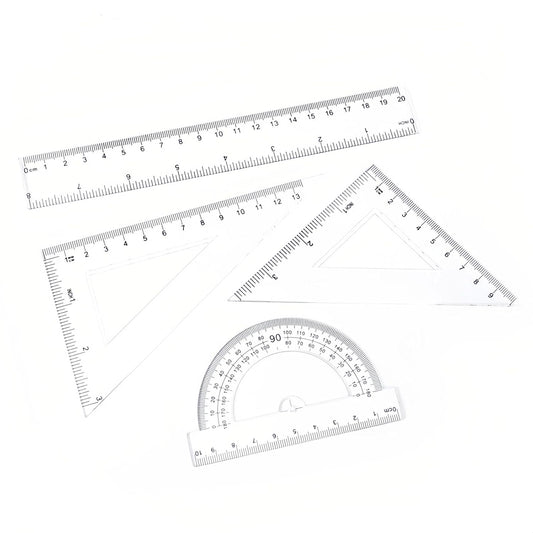 Student Geometry Ruler Set 20cm - 4 PCS Transparent Math Tools (Straight Ruler+2 Triangles+Protractor) - Durable Plastic School Supplies for Classroom