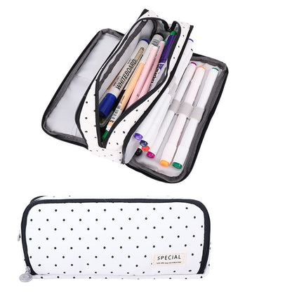 iSuperb Large Pencil Case Big Capacity Pencil Pouch 3 Compartments Pen Bag Canvas Marker Pen Bag for Teen Boys Girls School Students (Black Polka Dot)