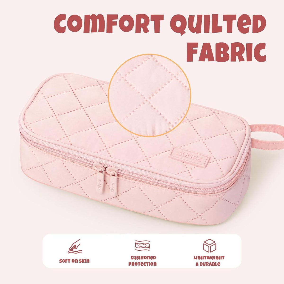 SUNEE Cute Pencil Case, Large Capacity Pencil Pouch Aesthetic Zipper Pencil Bag, Big Storage Pen Organizer for Stationery, Soft Quilted Pencil Box Back to School Supplies for Teen Girls Boys,Soft Pink