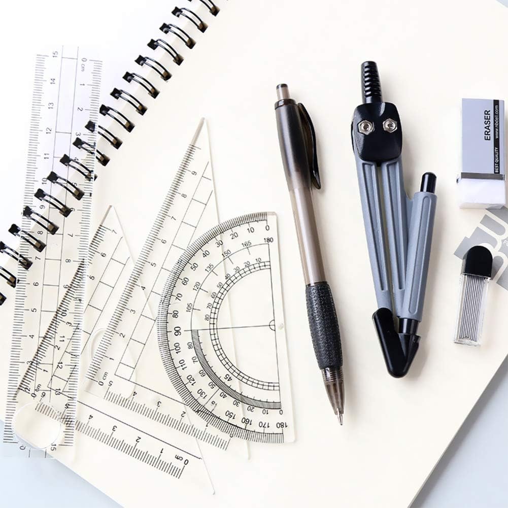 Math Geometry Kit Set 8 Pieces Student Supplies with Shatterproof Storage Box,Includes Rulers,Protractor,Compass,Pencil Lead Refills,Pencil,Eraser.for Students and Engineering Drawings