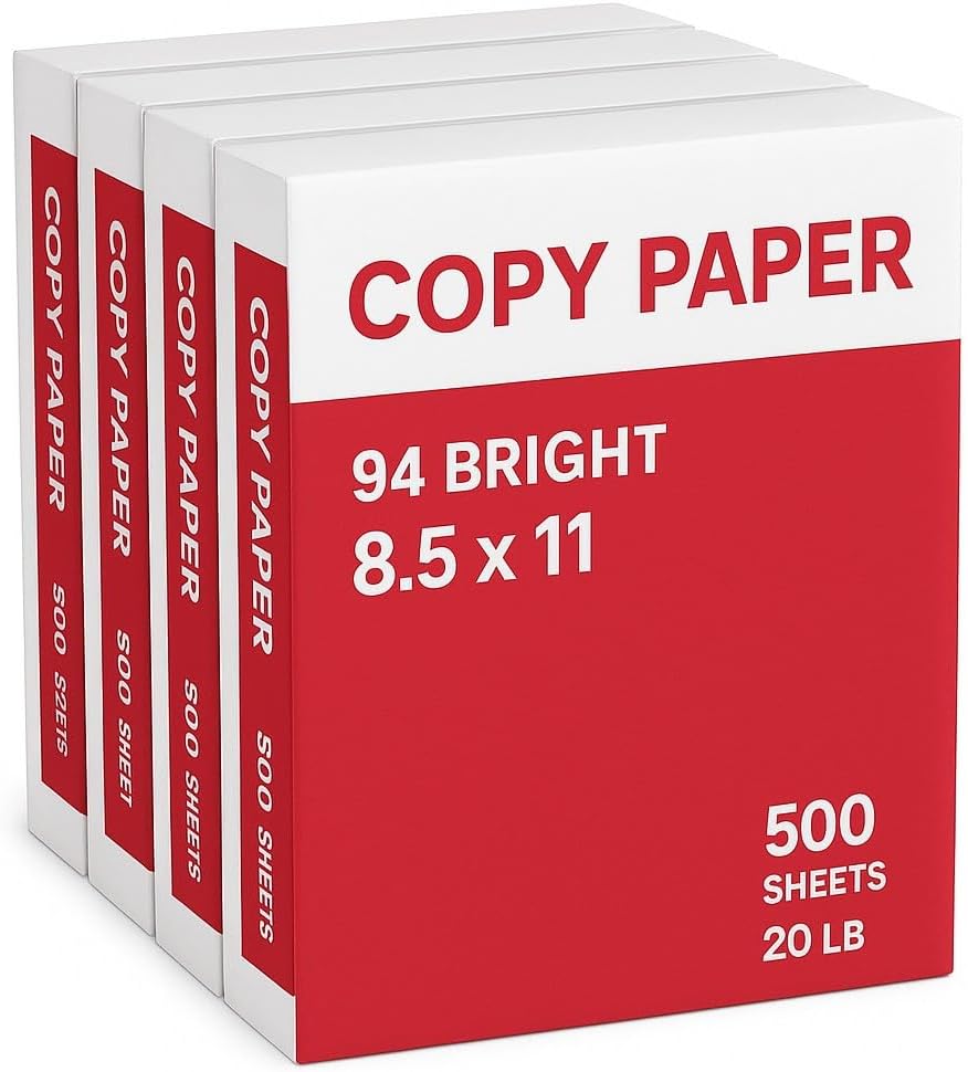 Copy Paper – 4 Reams, 500 Sheets Each, 94 Bright, 8.5 x 11" – Multipurpose Printer Paper for Home, Office, School – Jam-Free, Acid-Free, High Performance