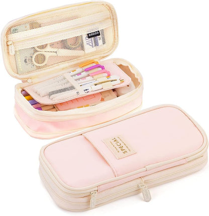 MAMUNU Expandable Pencil case with compartments, Large Capacity Pencil Cases Pencil Bag Pouch Office School, Portable Pencil Case Large School Stationery Organizer, Makeup Cosmetic Bag, Pink
