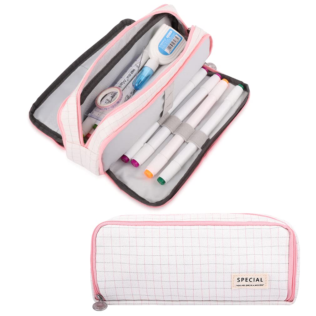 iSuperb Large Pencil Case Big Capacity Pencil Pouch 3 Compartments Pen Bag Canvas Marker Pen Bag for Teen Boys Girls School Students (Black Polka Dot)
