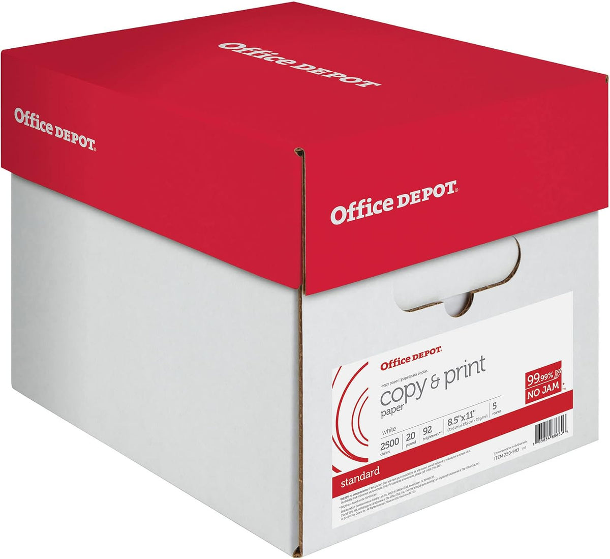 Office Depot Copy Print Paper, 8 1/2in. x 11in., 20 Lb, 500 Sheets Per Ream, Case Of 5 Reams, 851201CS