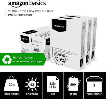 Amazon Basics 30% Recycled Multipurpose Copy & Print Paper, 8.5 x 11 Inches, 20 lb Weight, 92 Bright, White, Certified, 1500 Sheets (3 Reams)