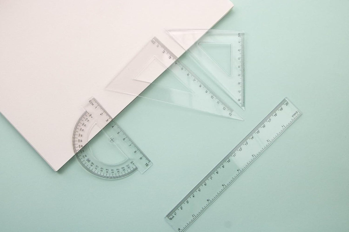 Student Geometry Ruler Set 20cm - 4 PCS Transparent Math Tools (Straight Ruler+2 Triangles+Protractor) - Durable Plastic School Supplies for Classroom
