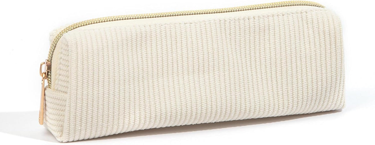 Corduroy Pencil Case with Metal Zipper Aesthetic Pen Pouch Large Capacity Makeup Bag Cosmetic Organizer Stationery Storage Bag for School Office Travel Cute Pencil Box (White)