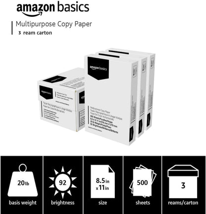 Amazon Basics Multipurpose Copy Printer Paper, 20 lb, 8.5 x 11 Inches, 3 Reams (1,500 Sheets), 92 Bright White for Home Use
