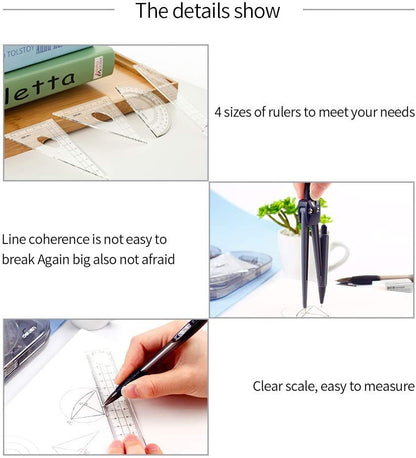 Math Geometry Kit Set 8 Pieces Student Supplies with Shatterproof Storage Box,Includes Rulers,Protractor,Compass,Pencil Lead Refills,Pencil,Eraser.for Students and Engineering Drawings