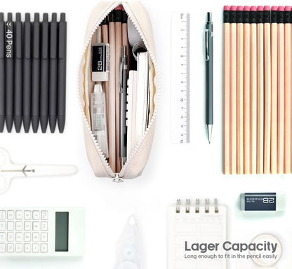 Big Capacity Pencil Case, Pure Color Pen Pouch with Zipper Stationary Storage Bag for Adult Students Officers, Cream White
