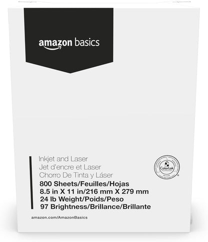 Amazon Basics Multipurpose Copy Printer Paper, 8.5 x 11 Inches, 24 lb Weight, 97 Brightness, White, 800 Sheets (1 Mega Ream), for Inkjet and Laser, Copy & Print