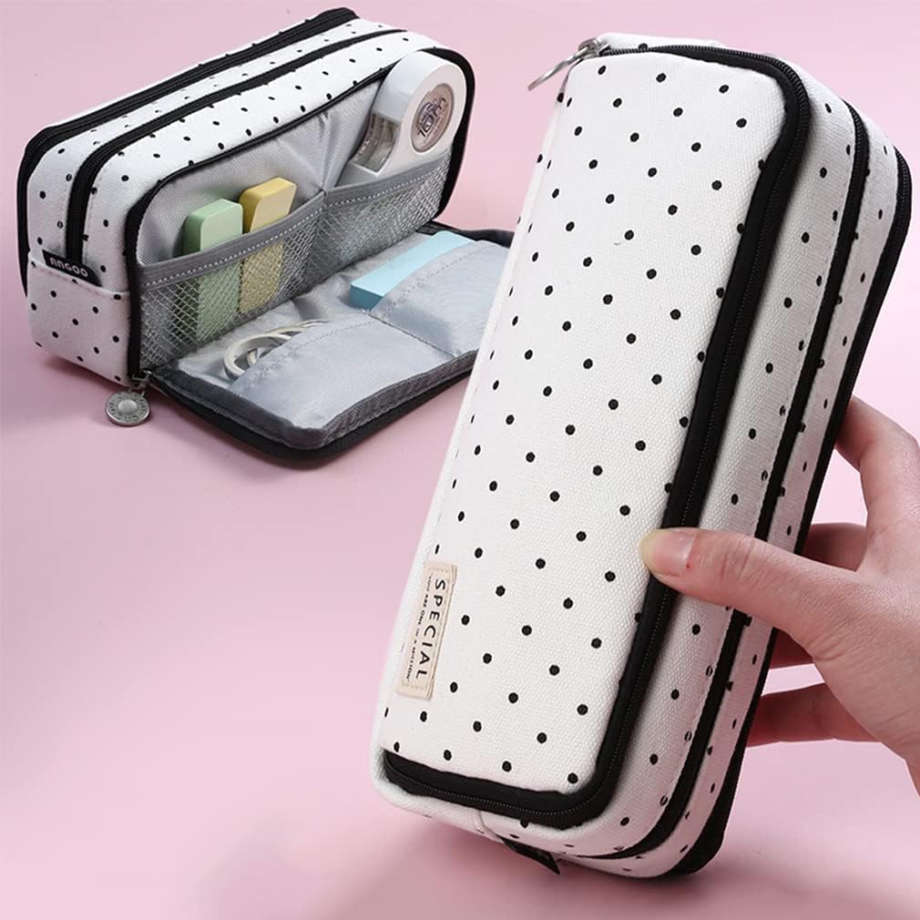 iSuperb Large Pencil Case Big Capacity Pencil Pouch 3 Compartments Pen Bag Canvas Marker Pen Bag for Teen Boys Girls School Students (Black Polka Dot)