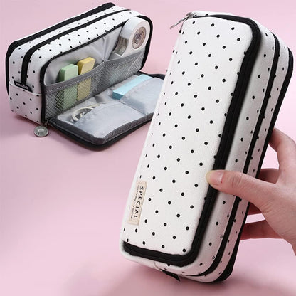 iSuperb Large Pencil Case Big Capacity Pencil Pouch 3 Compartments Pen Bag Canvas Marker Pen Bag for Teen Boys Girls School Students (Black Polka Dot)