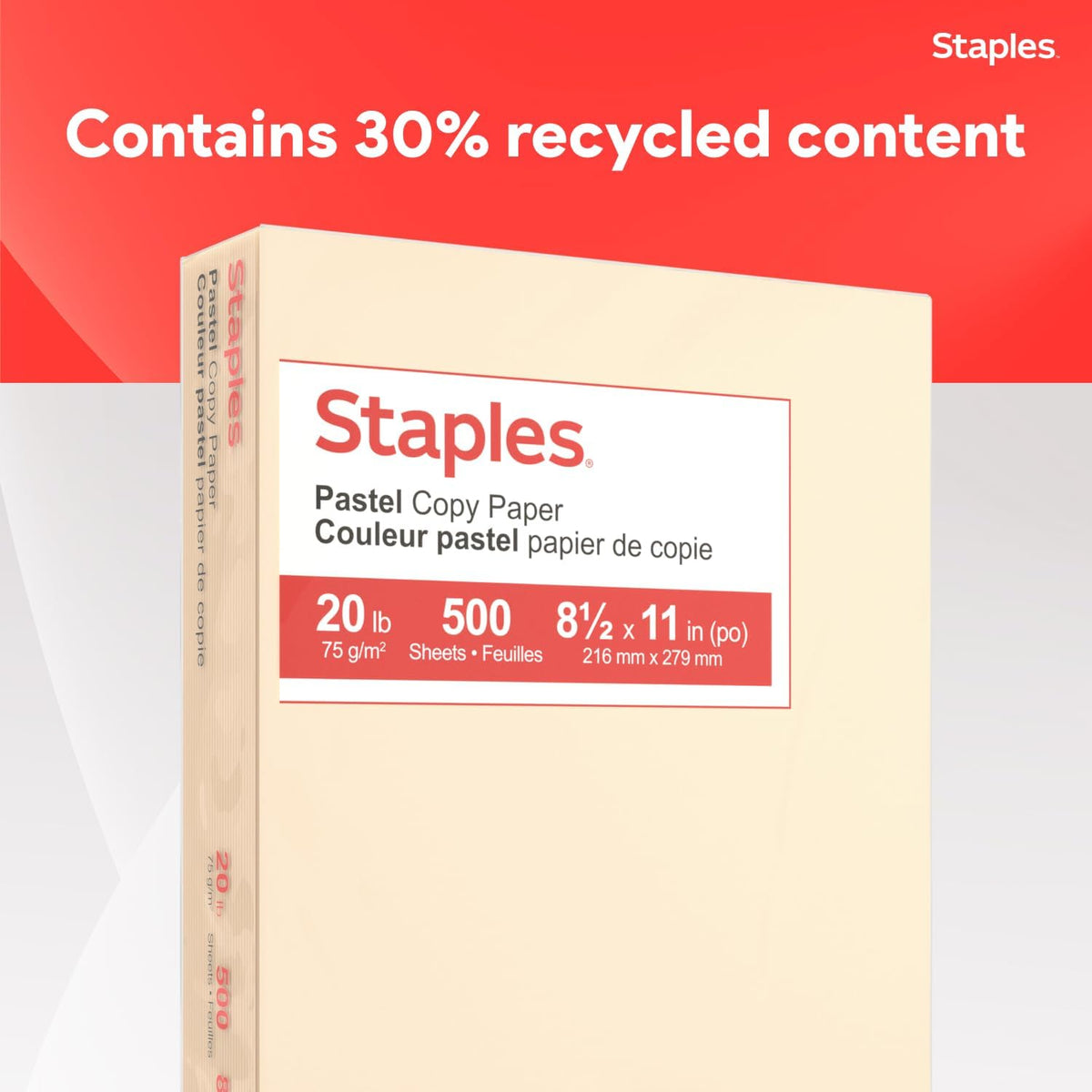 Staples Pastel Recycled Copy Paper, Cream, 20 lb., 8.5x11, 500 Sheets