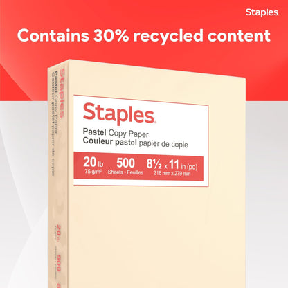 Staples Pastel Recycled Copy Paper, Cream, 20 lb., 8.5x11, 500 Sheets