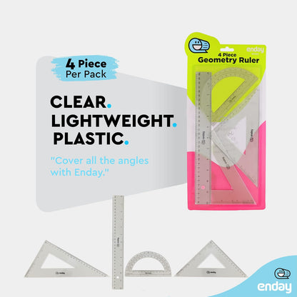 Geometry Plastic Ruler Set, Clear 12 inch/ 30 cm Straight Ruler, Triangle Rulers, Protractor Ruler Tool Set, Transparent School and Office Supplies Math Rulers for Kids and Adults, Set of 4 – By Enday