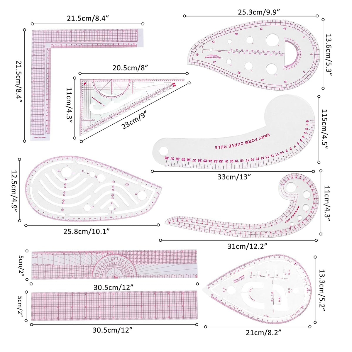 Fashion Clear Metric Sewing Ruler Set,French Curve Pattern Rulers for Beginners, Tailors, Designers, Quilting, Embroidery, Cross Stitch, Crochet, Knitting 9pcs (9-Piece Set)