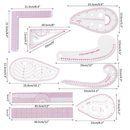 Fashion Clear Metric Sewing Ruler Set,French Curve Pattern Rulers for Beginners, Tailors, Designers, Quilting, Embroidery, Cross Stitch, Crochet, Knitting 9pcs (9-Piece Set)