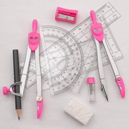 Geometry Set Maths Compasses for Grade Students Back to School Supplies with Compasses Protractor in Carry Case, Pink