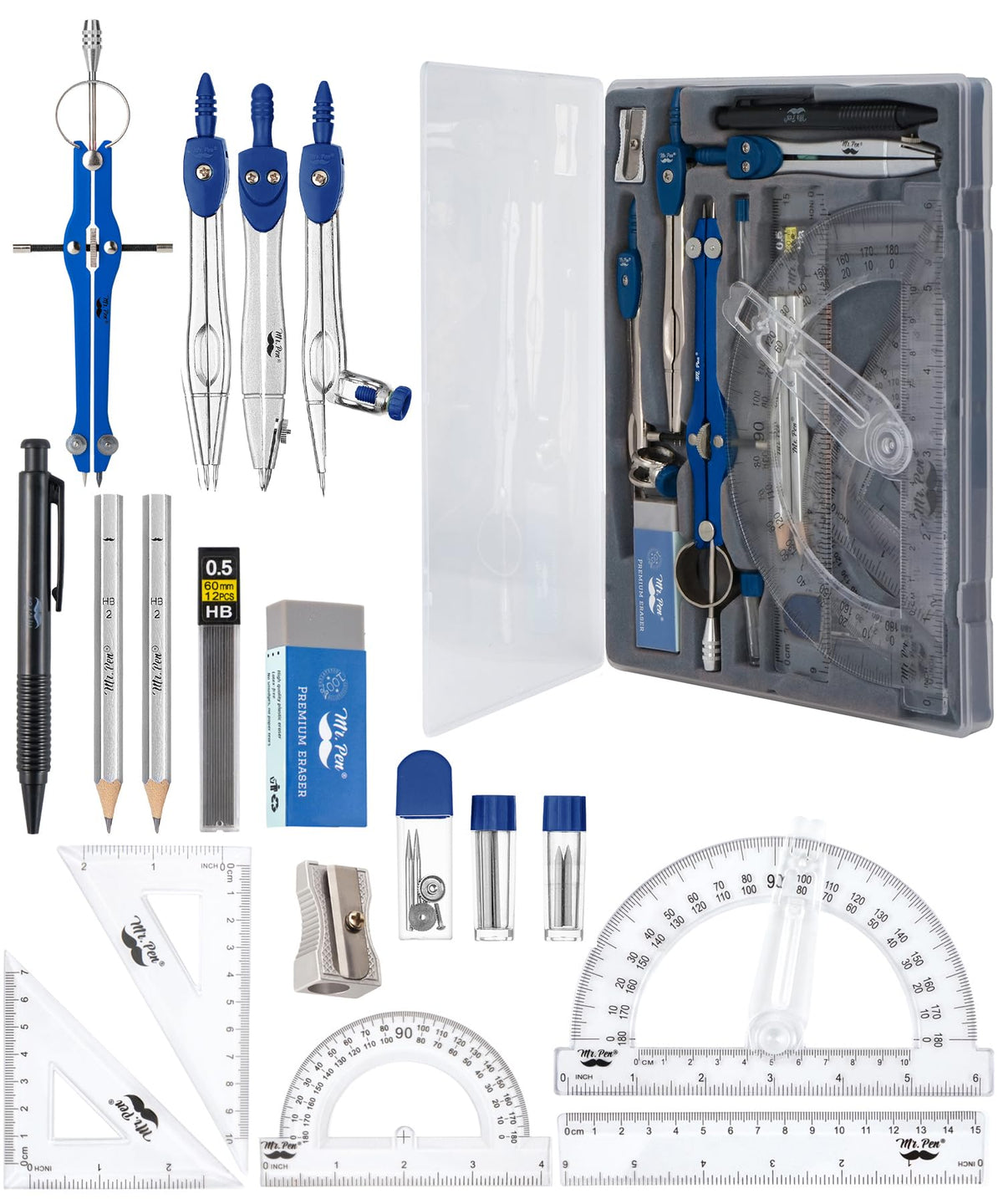 Mr. Pen- Geometry Set, 15 Piece Set with 6 Inch Swing Arm Protractor
