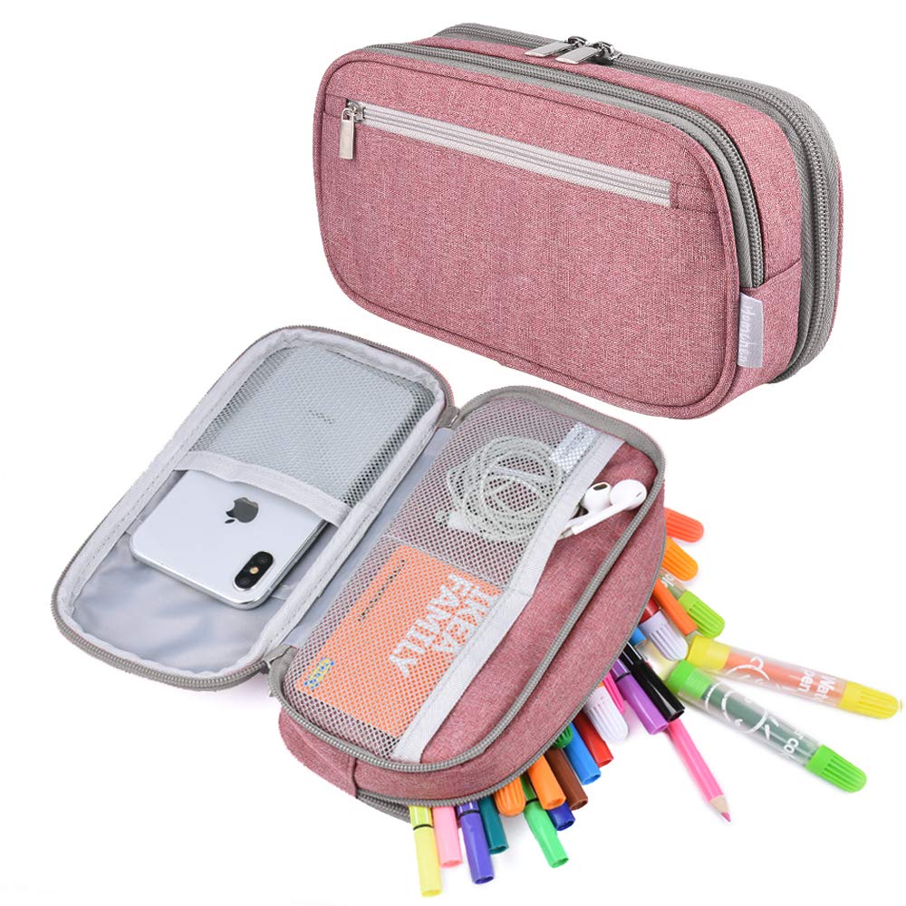Large Capacity Pencil Case Big Storage Pencil Bag Pouch 3 Multifunctional Compartment Pen Marker Cases Holder Portable Office Stationery Organizer Supplies Makeup Bag, Black