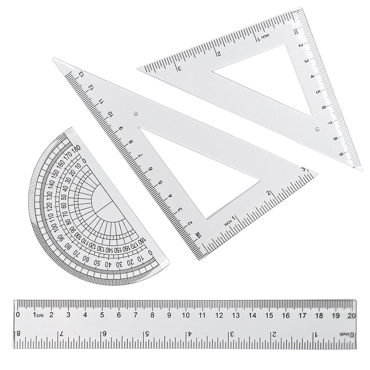 4 Pcs Math Geometry Set, Transparent Plastic Geometry Kit Includes Protractor, Straight Ruler, Triangle Ruler, Clear Measuring Tools, Drafting Ruler for School and Office Supplies